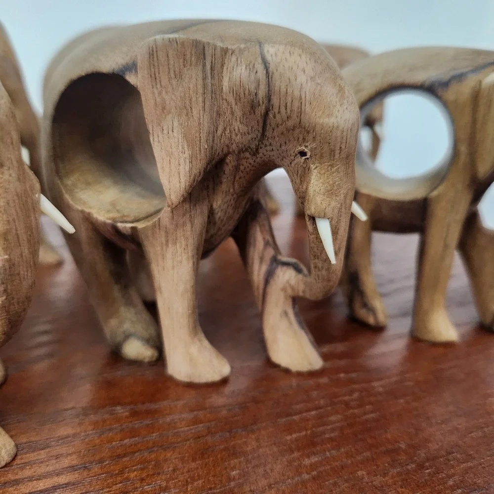 Vintage‎ standing wooden elephant napkin ring holders set of 6